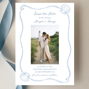 Save The Date Coquillages Dessinés à la Main Mariage Simple Bleu