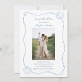 Save The Date Coquillages Dessinés à la Main Mariage Simple Bleu (Devant)