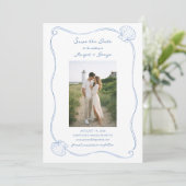 Save The Date Coquillages Dessinés à la Main Mariage Simple Bleu (Debout devant)