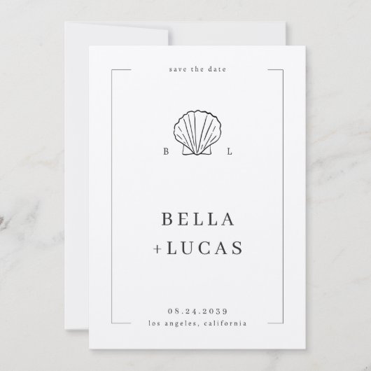 Save The Date Coquille côtière marine Monogramme Code QR Mariage (Devant)