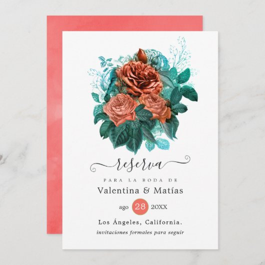 Save The Date Corail espagnol et Mariage floral turquoise (Devant / Derrière)