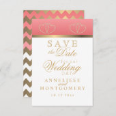 Save The Date Corail et Gold Hearts - Enregistrer la date (Devant / Derrière)