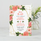 Save The Date Corail Floral Roses rouges Mariage (Debout devant)