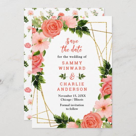 Save The Date Corail Floral Roses rouges Mariage (Devant / Derrière)