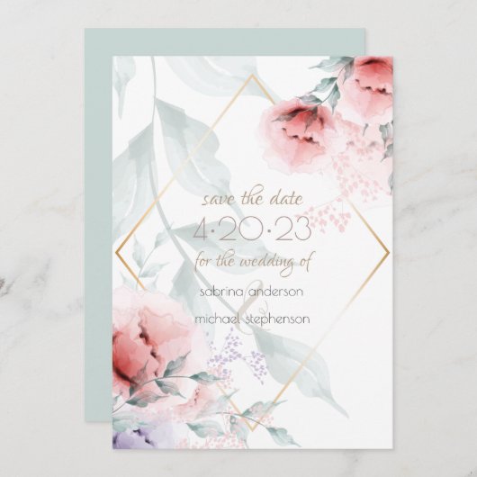 Save the date | Corail/Lilac Aquarelle Peony (Devant / Derrière)