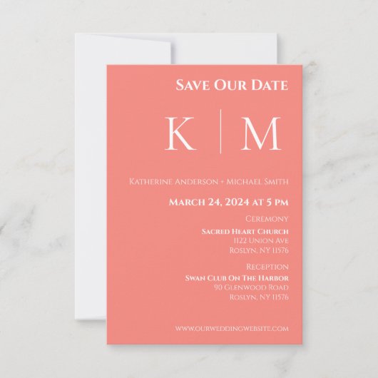Save The Date Corail Rose et Mariage au Monogramme Blanc- (Devant)