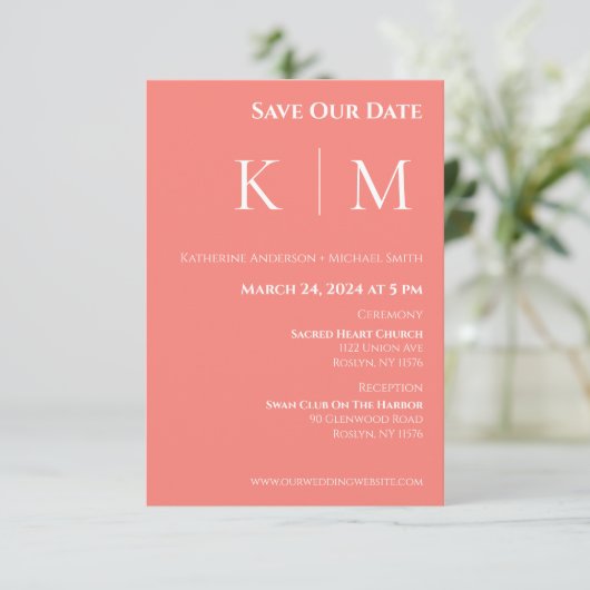 Save The Date Corail Rose et Mariage Blanc-Monogramme- (Debout devant)