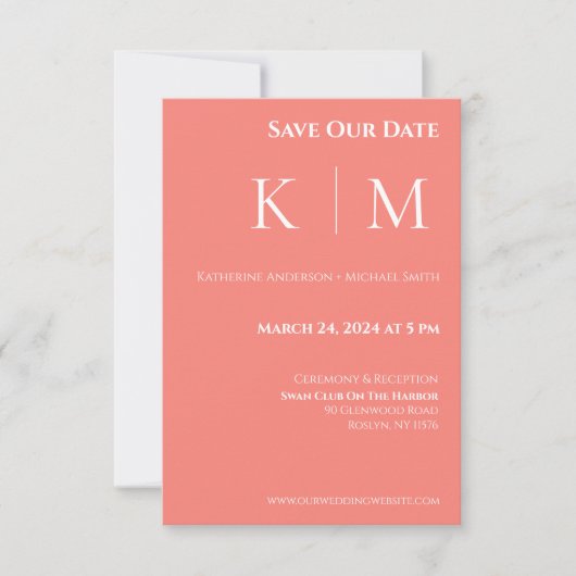Save The Date Corail Rose et Mariage Monogrammé Blanc- (Devant)