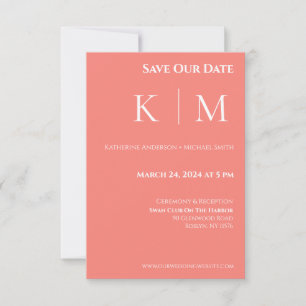 Save The Date Corail Rose et Mariage Monogrammé Blanc-
