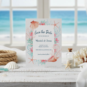 Save The Date Corail tropical   Coquillages de plage aquarelle