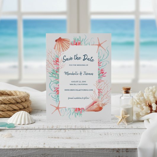 Save The Date Corail tropical | Coquillages de plage aquarelle