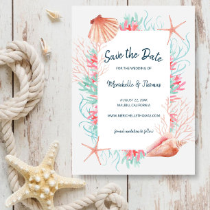 Save The Date Corail tropical   Coquillages de plage aquarelle