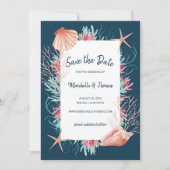 Save The Date Corail tropical | Navy Blue Beach Seashs (Devant)