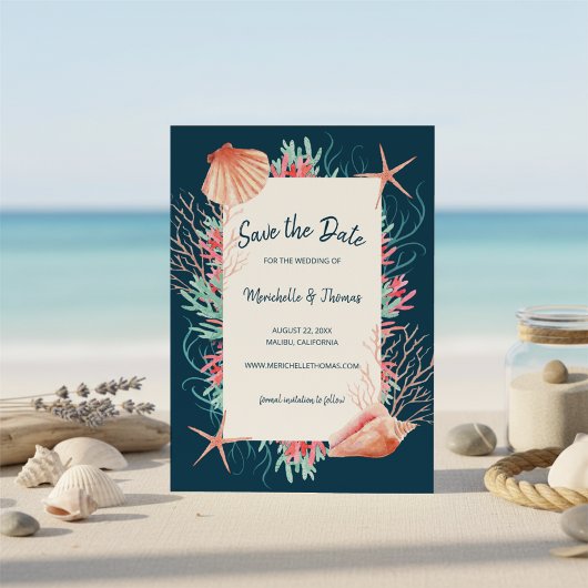 Save The Date Corail tropical | Navy Blue Beach Seashs