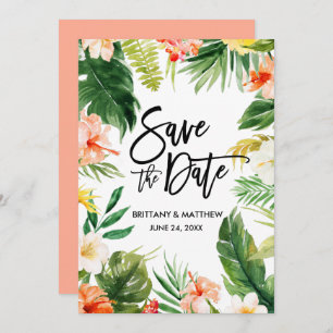 Save The Date Coral Aquarelle Tropical Floral Script