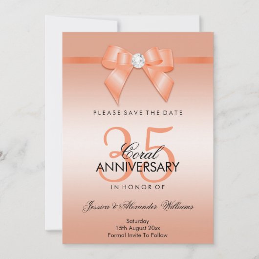 Save The Date Coral Bow & Ruban 35e Anniversaire de Mariage (Devant)