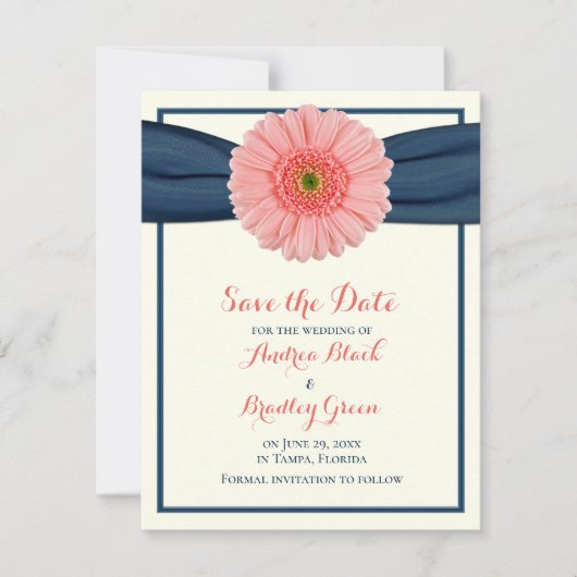 Save The Date Coral Gerbera Daisy Navy Ruban Enregistrer la cart (Devant)
