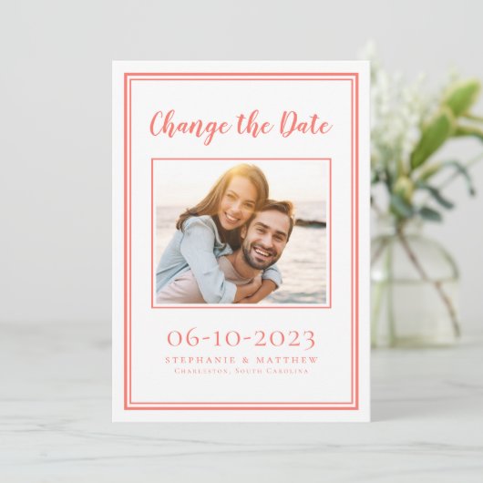 Save The Date Coral Postpondu Moderne Mariage Photo Simple (Debout devant)