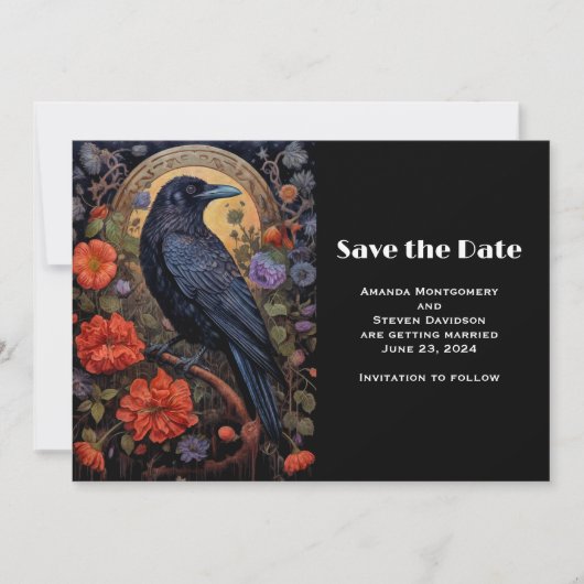 Save The Date Corbeau noir avec fleurs Mariage de design gothiqu (Devant)