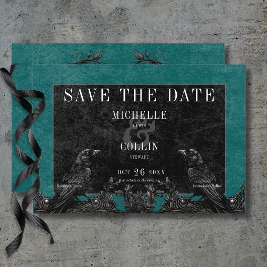 Save The Date Corbeau noir gothique et Rose noir Mariage Turquoi