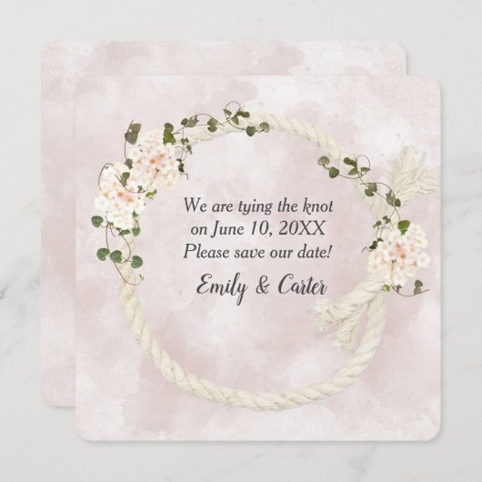 Save The Date Corde blanche avec bouquets d'hortensias (Devant / Derrière)