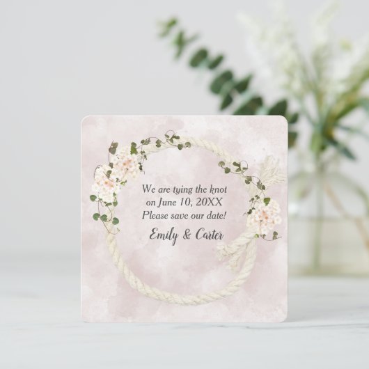 Save The Date Corde blanche avec bouquets d'hortensias (Debout devant)