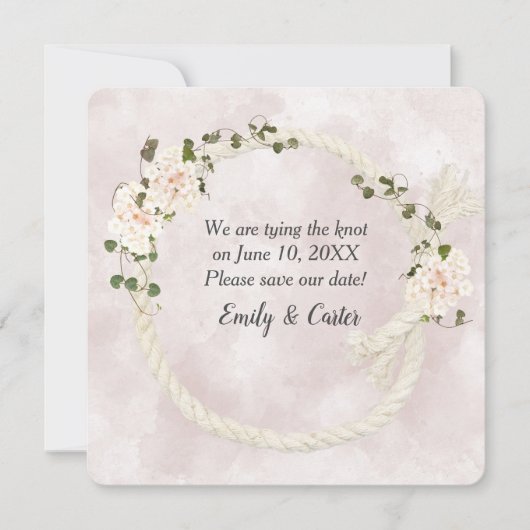 Save The Date Corde Blanche Avec Bouquets Hydrangea (Devant)