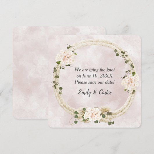 Save The Date Corde nouée avec bouquets d'hortensias (Devant / Derrière)