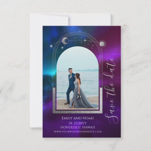 Save The Date Cosmétique violet Turquoise Sun Moon Stars Mariage (Devant)