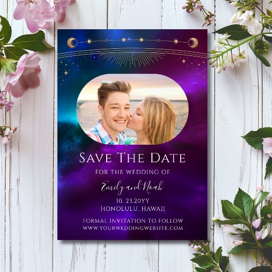 Save The Date Cosmologique violet Turquoise Sun Moon Star Space