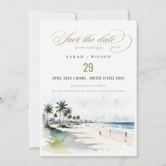 Save The Date Côte Miami Beach Palm Tree Mariage d'aquarelle (Devant)