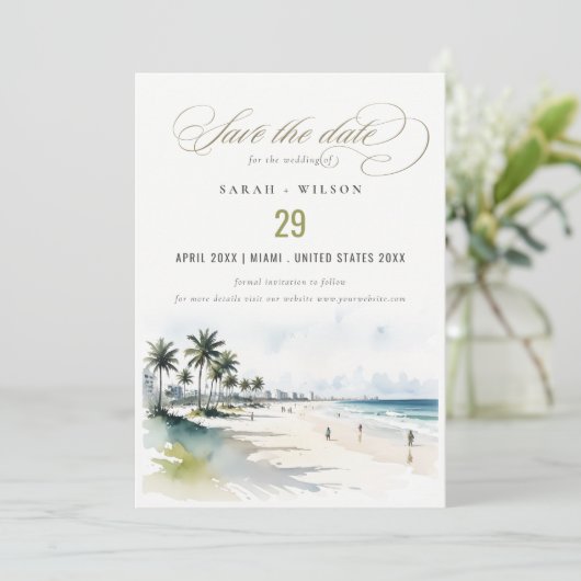 Save The Date Côte Miami Beach Palm Tree Mariage d'aquarelle (Debout devant)
