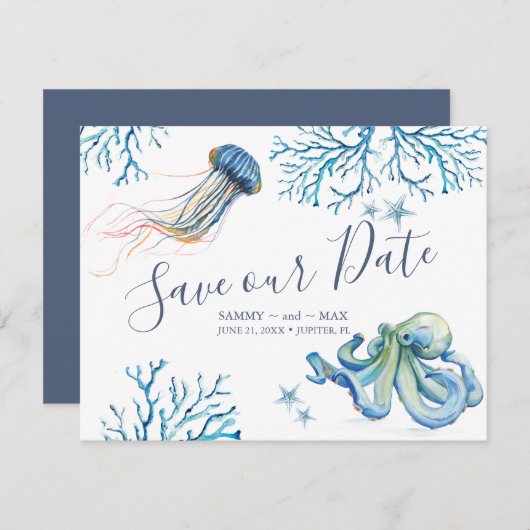 Save The Date Côtier Sauvez la date avec Aquarelle Mer (Devant / Derrière)