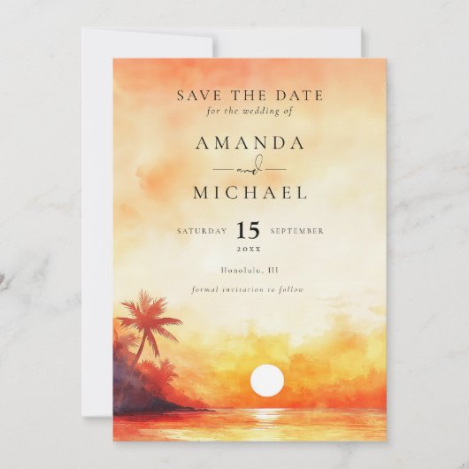 Save The Date Coucher de soleil orange aquarelle mariage à Palm (Devant)
