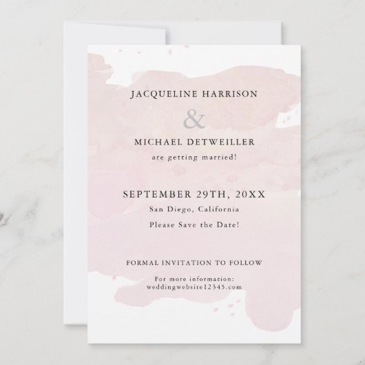 Save The Date Couleur d'aquarelle rose pâle simple et élégant (Dos)
