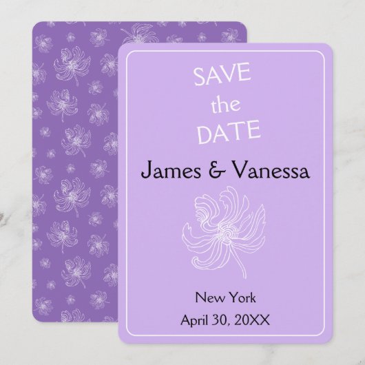 Save The Date Couleur violet clair et pivoines blanches. (Devant / Derrière)