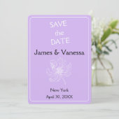 Save The Date Couleur violet clair et pivoines blanches. (Debout devant)