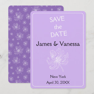 Save The Date Couleur violet clair et pivoines blanches.