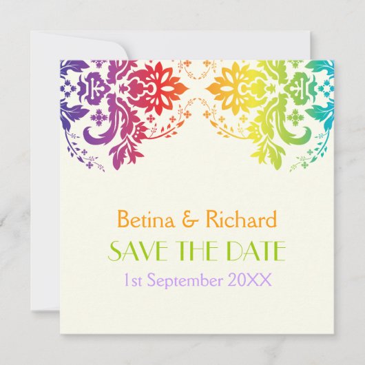 Save The Date Couleurs arc-en-ciel mariage damassé Enregistrer l (Devant)
