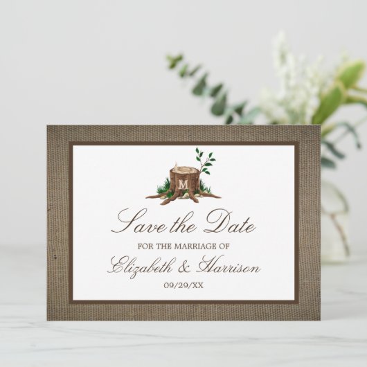 Save The Date Country Rustic Burlap Monogramme Arbre Enregistrer (Debout devant)