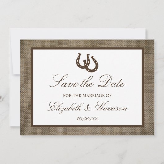 Save The Date Country Rustic Horseshoe Sur Burlap Enregistrer La (Devant)