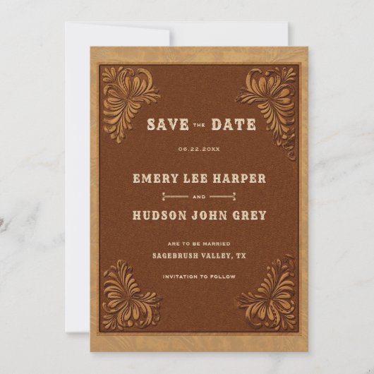 Save The Date Country Tooled Leather Western Rustic Wedding (Devant)