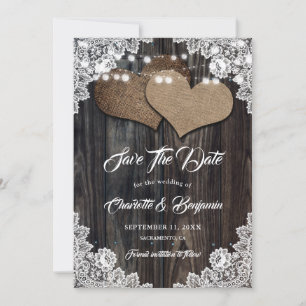 Save The Date Country Wood Burlap Hearts Floral Lace Mariage