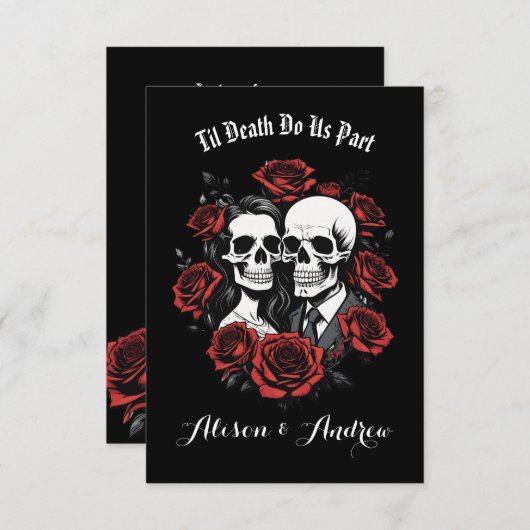 Save The Date Couple de crânes gothique avec roses mariage  (Devant / Derrière)