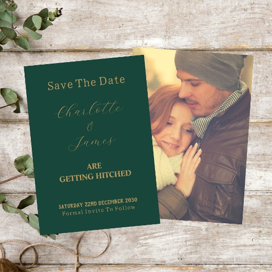 Save The Date Couple de saison photo Gold Mariage Script Vert