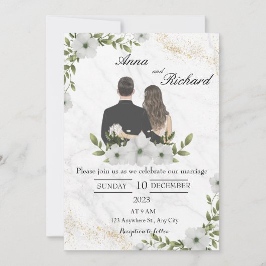 Save The Date Couple Illustré & Fleurs Blanches (Devant)