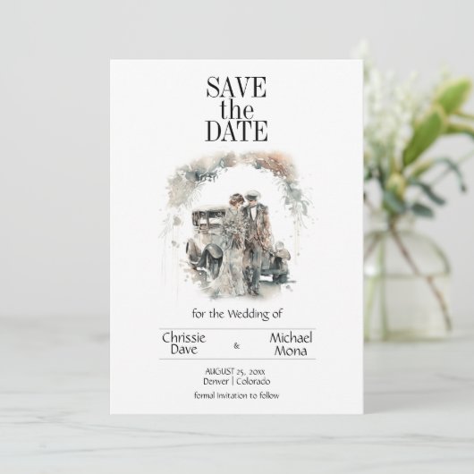 Save The Date Couple rétro en Mariage pastel (Debout devant)