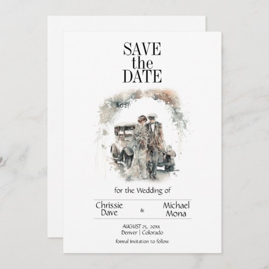 Save The Date Couple rétro en Mariage pastel (Devant / Derrière)