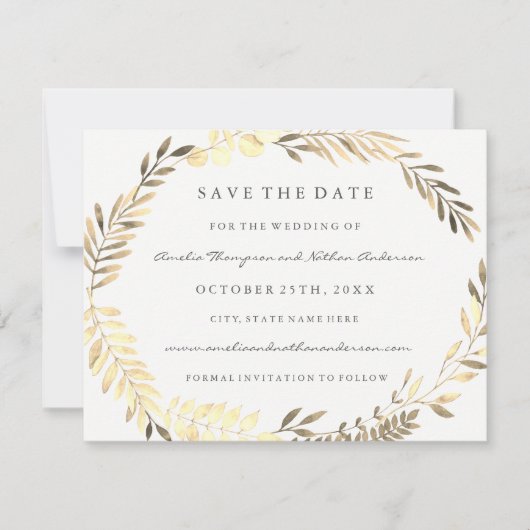 Save The Date Couronne de feuilles dorées modernes pour mariage  (Devant)