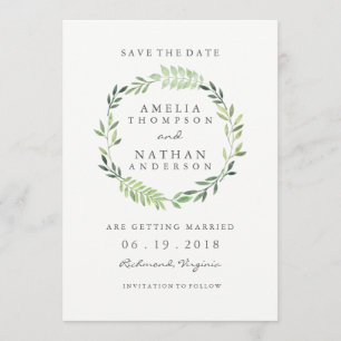 Save The Date Couronne de feuilles vertes à l'aquarelle pour le